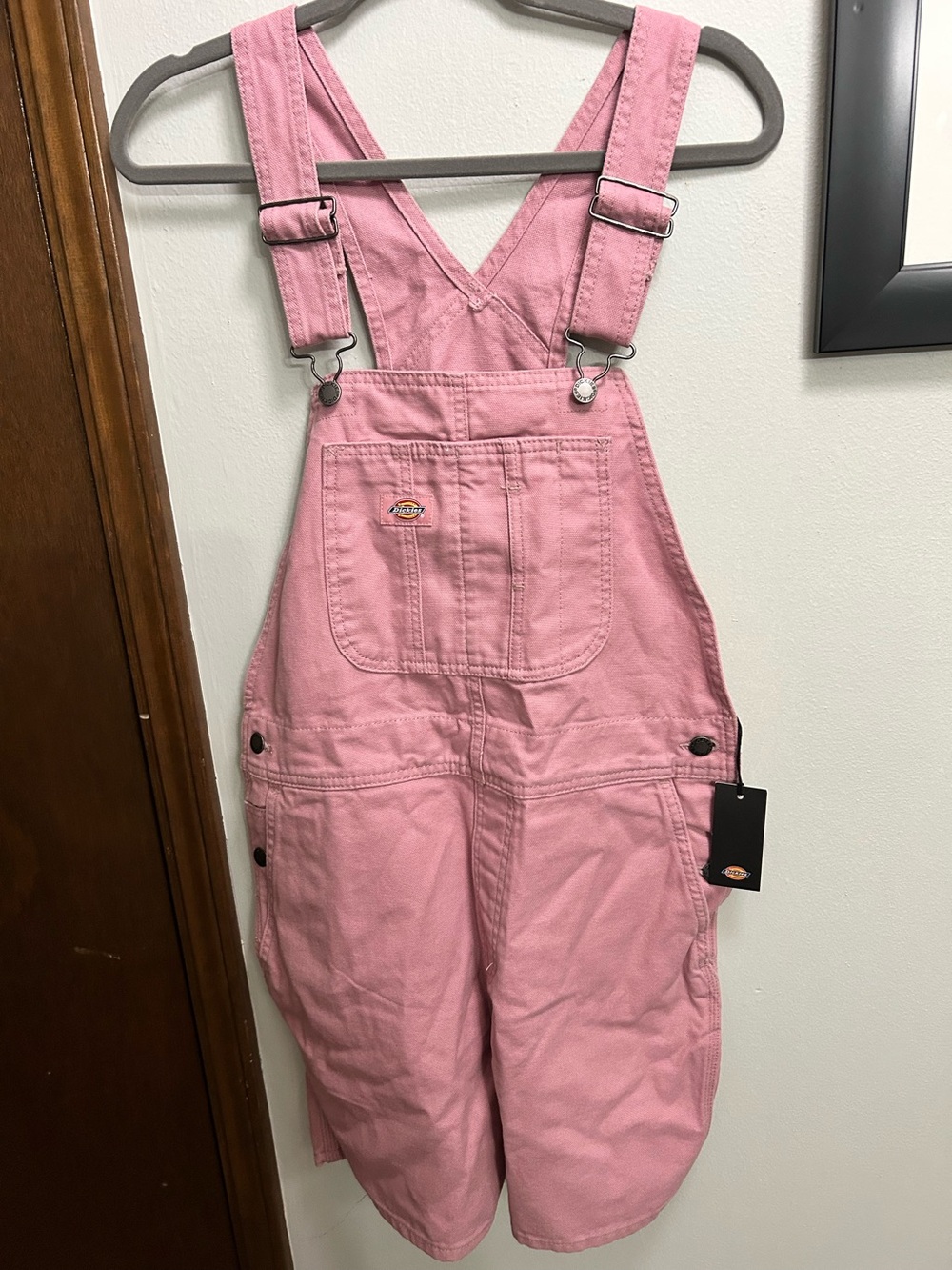 Woman’s Dickies Pink Short Denim Overalls Romper size M